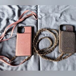 Stylish Pink and Black iPhone 13/14 Case with crossbody straps (both)